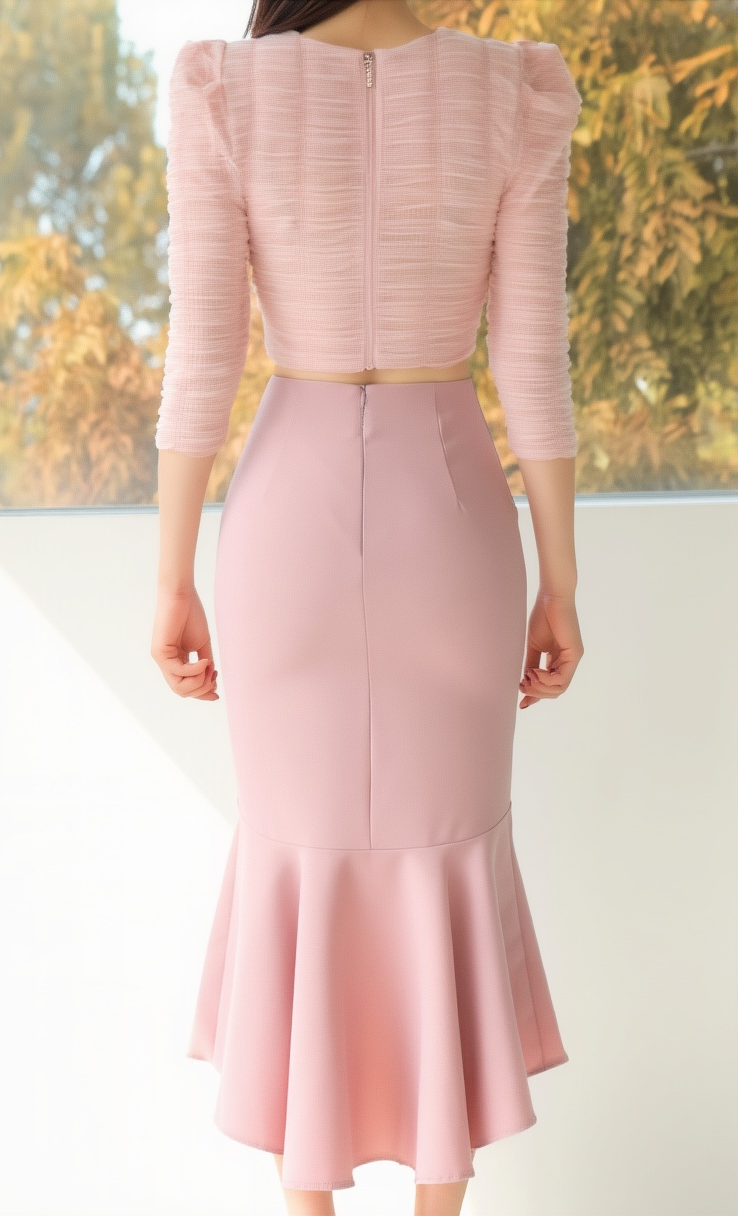 Korean Style Slim-Fitting Top And Fashionable Waist-Cinching Fishtail Skirt Two-Piece Set