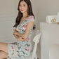 New Style Ladylike Low-Cut V Neck Pleated Waist-Covering Hip Printed Slimming Look Dress For Women