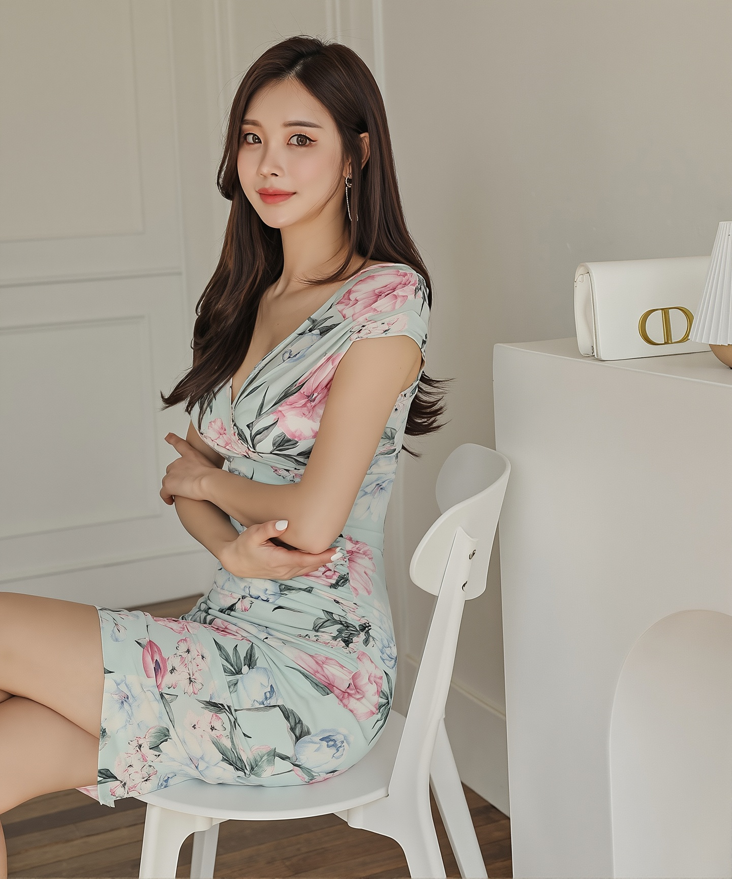 New Style Ladylike Low-Cut V Neck Pleated Waist-Covering Hip Printed Slimming Look Dress For Women