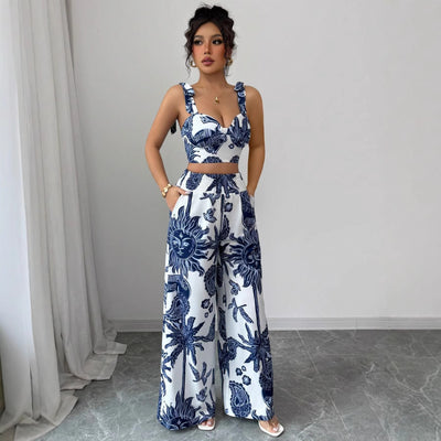 Sexy V-neck Strap Vest Loose Wide Leg Pants