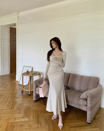 French Winter Elegance Dress : Square Neck Long-Sleeved Slim Fishtail Gown