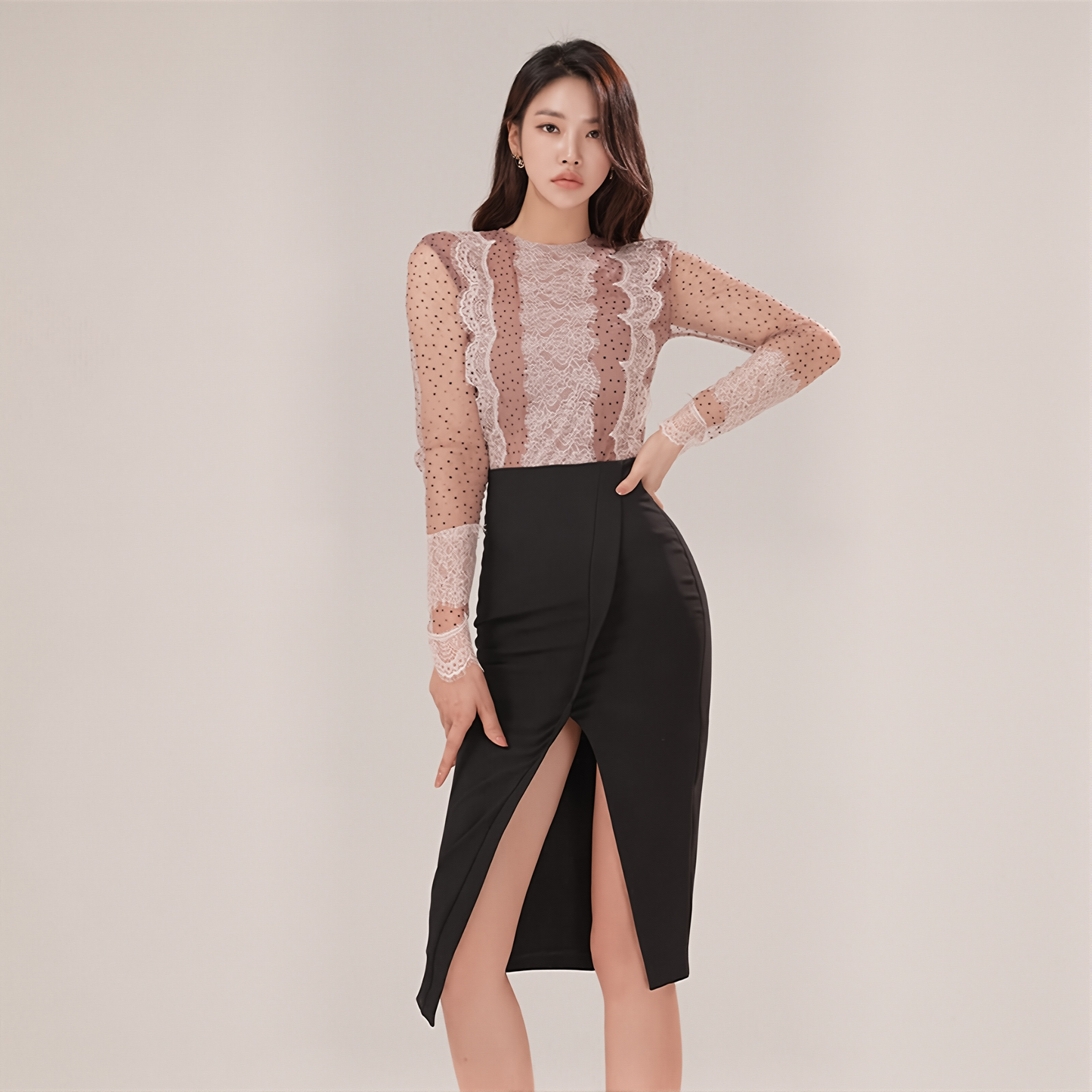 Sexy Mesh Top & Slit Skirt Set - Summer Polka Dot Slim Fit Two-Piece Outfit
