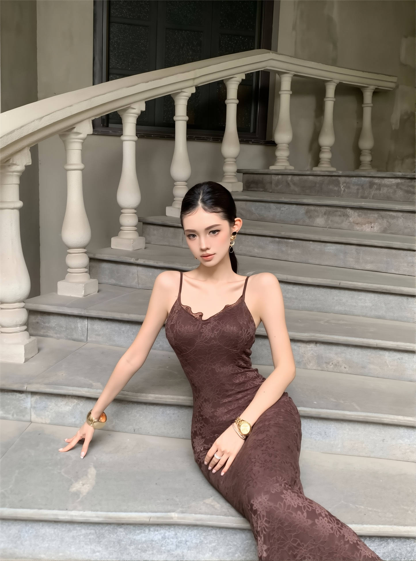 Waist Cinching Floral Lace Gown - French Style Spaghetti Strap Summer Dress