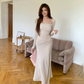 French Winter Elegance Dress : Square Neck Long-Sleeved Slim Fishtail Gown