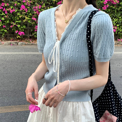 Tied V-neck Ice Silk Short Sleeve Knitwear Women's Short Top