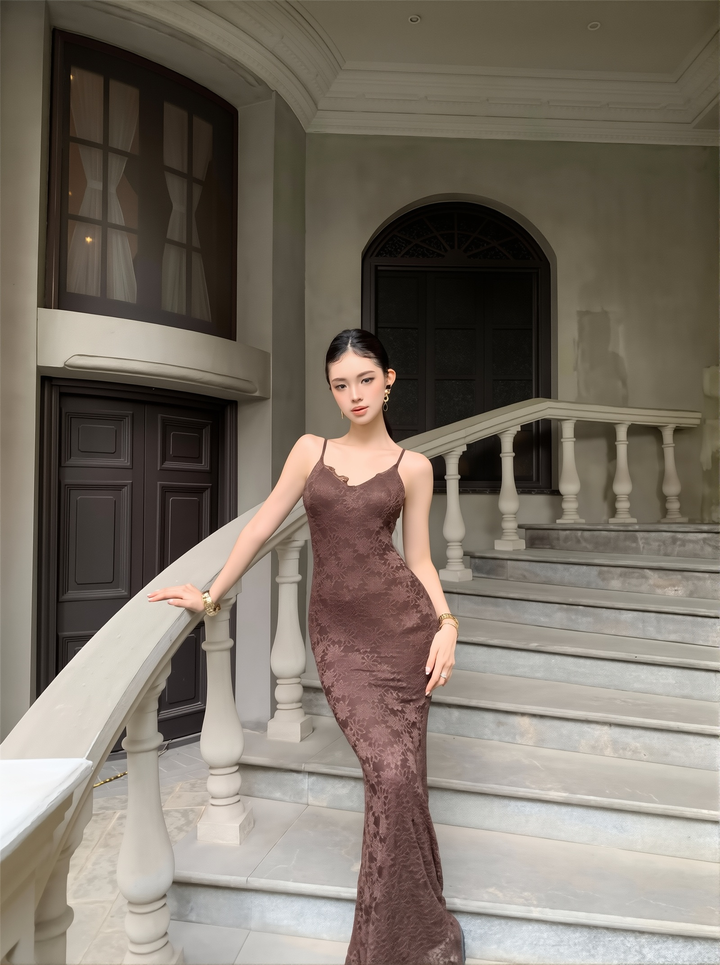 Waist Cinching Floral Lace Gown - French Style Spaghetti Strap Summer Dress