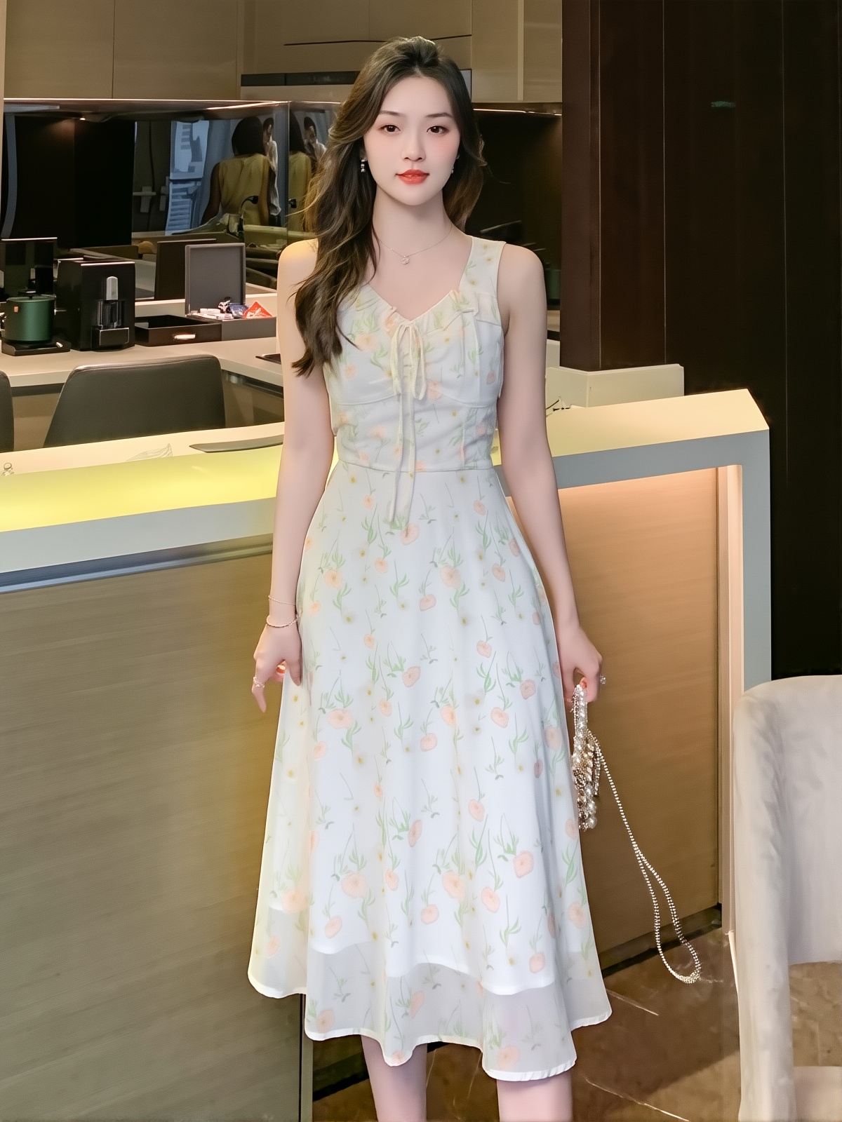 Real Shot Of Summer Sweet Ladylike Floral Suspender Dress, Feminine, Whitening And Slimming Sleeveless Long Skirt