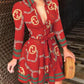 Fashion European And American Digital Printing V-Neck Tie Waist Dress Women