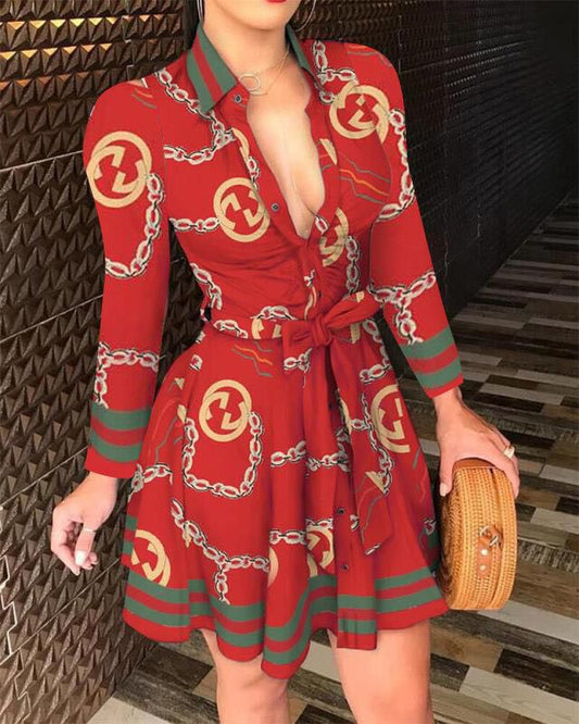 Fashion European And American Digital Printing V-Neck Tie Waist Dress Women