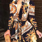 Fashion European And American Digital Printing V-Neck Tie Waist Dress Women
