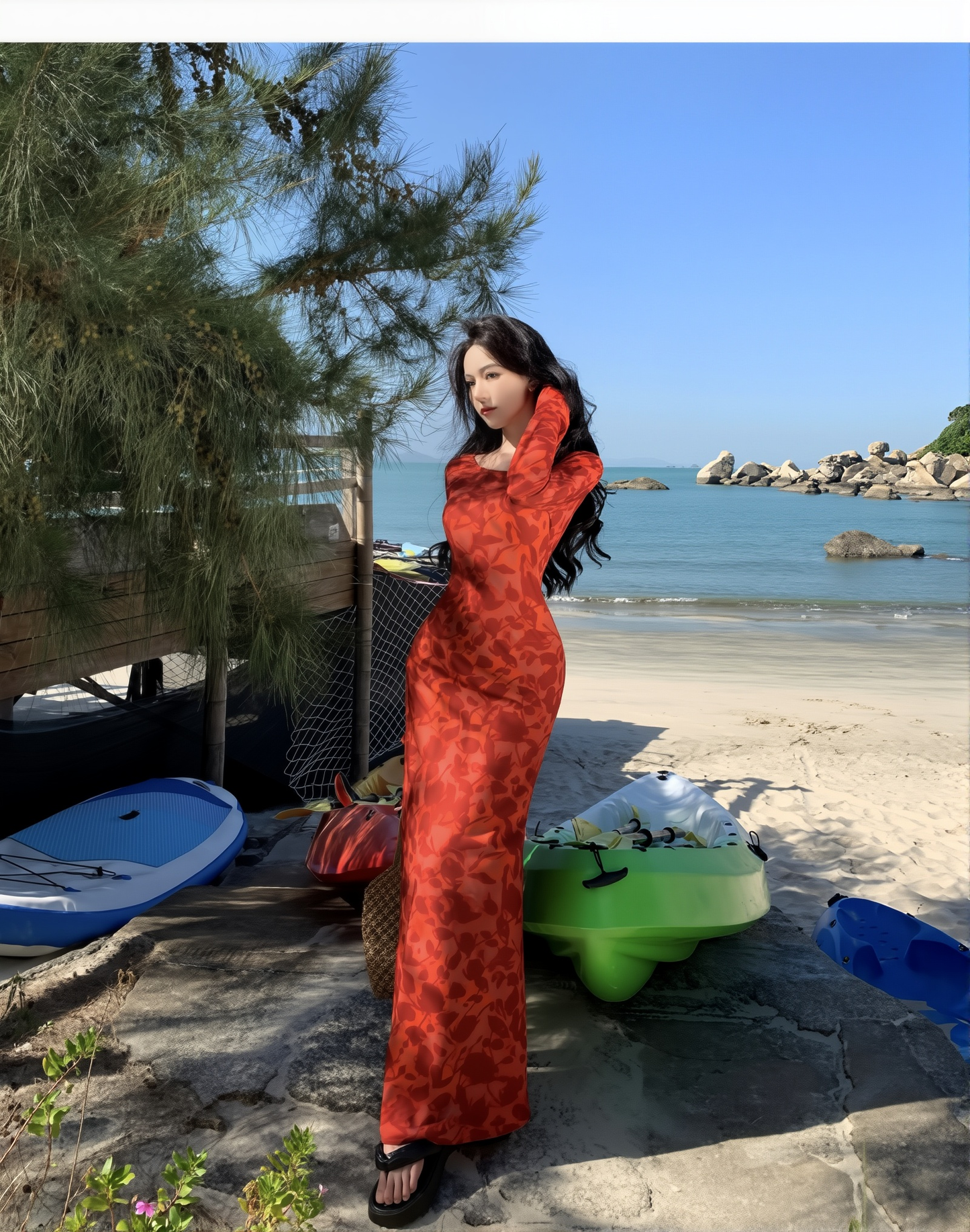 2025 New Cheongsam Women's High-End Improved New Dress Moroccan Rose Print Long-Sleeved Dress