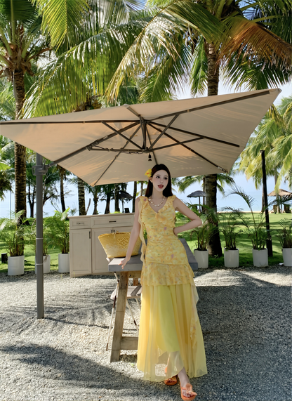 French Style Yellow Floral Suspenders Dress with Mesh Skirt Two-Piece