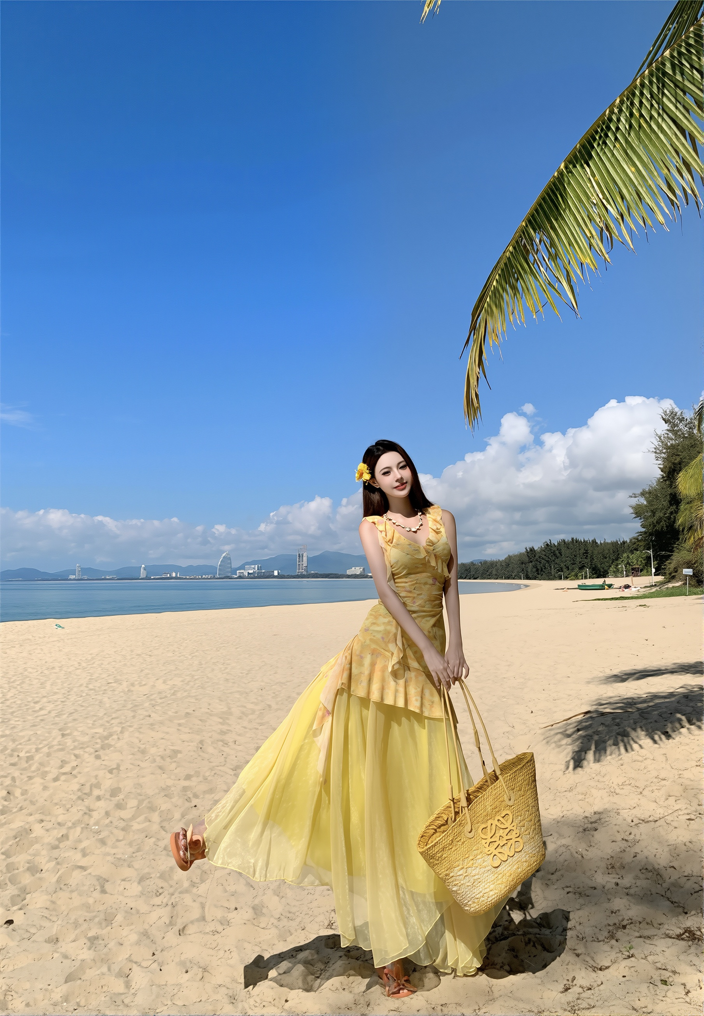 French Style Yellow Floral Suspenders Dress with Mesh Skirt Two-Piece