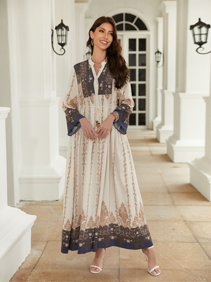 Muslima Summer Dress - Long Sleeved Elegant Printed Maxi in Cotton-Silk
