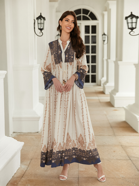 Muslima Summer Dress - Long Sleeved Elegant Printed Maxi in Cotton-Silk
