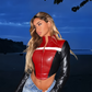 Contrast Color Motorcycle Style Short Navel Leather Top Women's 2024 Autumn New Fashion Hot Girl Long Sleeve Collar Zipper Outer