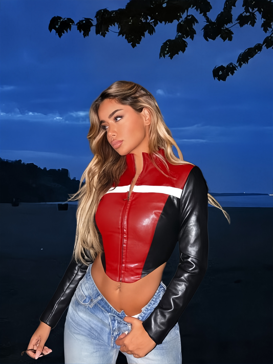 Contrast Color Motorcycle Style Short Navel Leather Top Women's 2024 Autumn New Fashion Hot Girl Long Sleeve Collar Zipper Outer