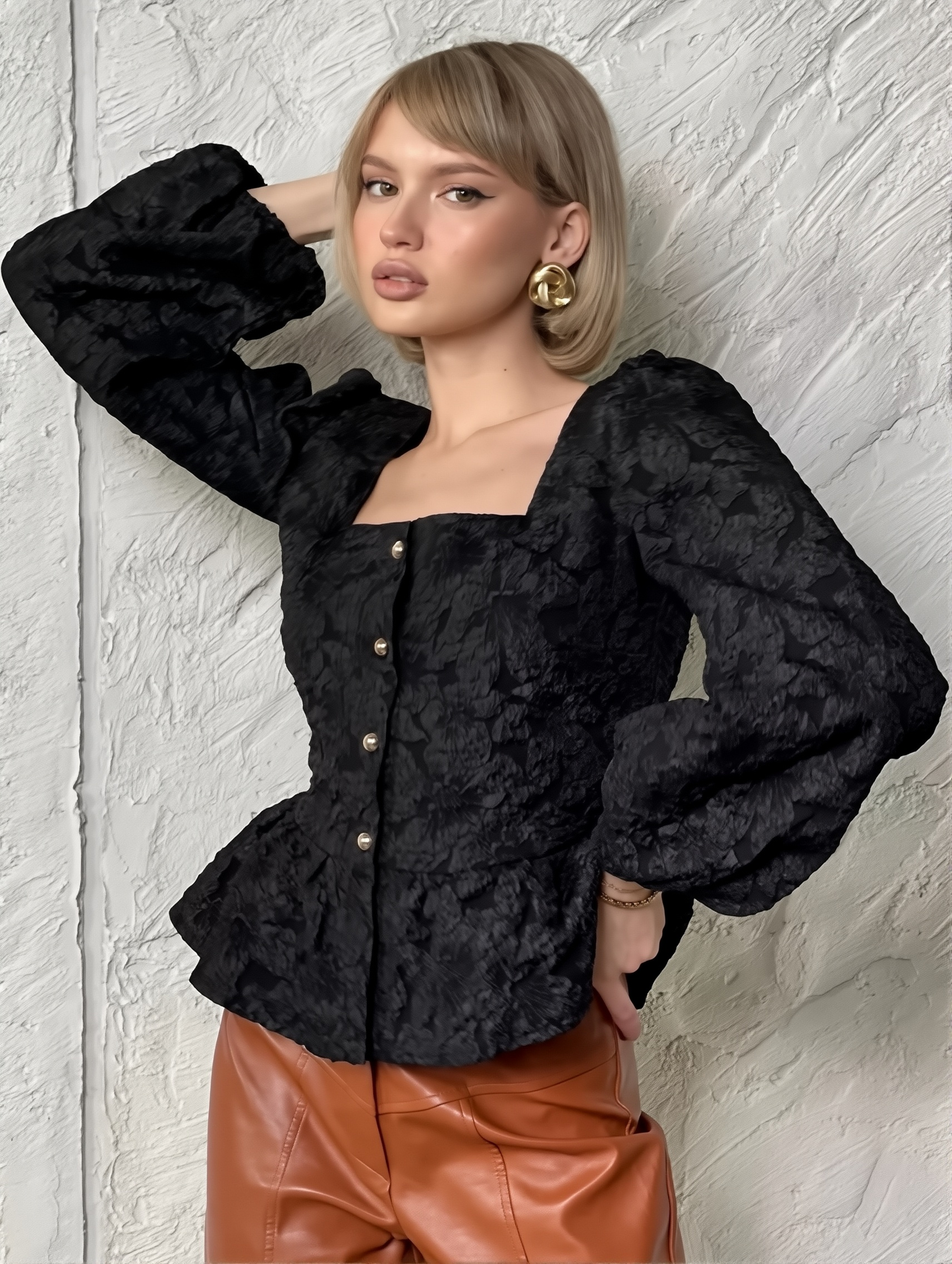 French Cross-border Jacquard Puff Sleeve All-match Shirt 2025 Spring And Summer New Design Niche Square Collar Long Sleeve Top