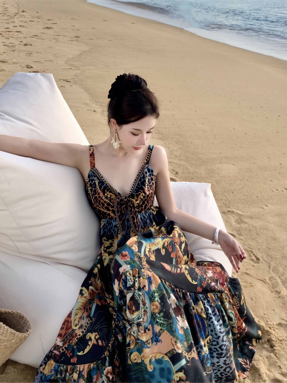 Retro Printed Maxi Dress for Women - Vintage Chic Seaside Vacation Long Dress