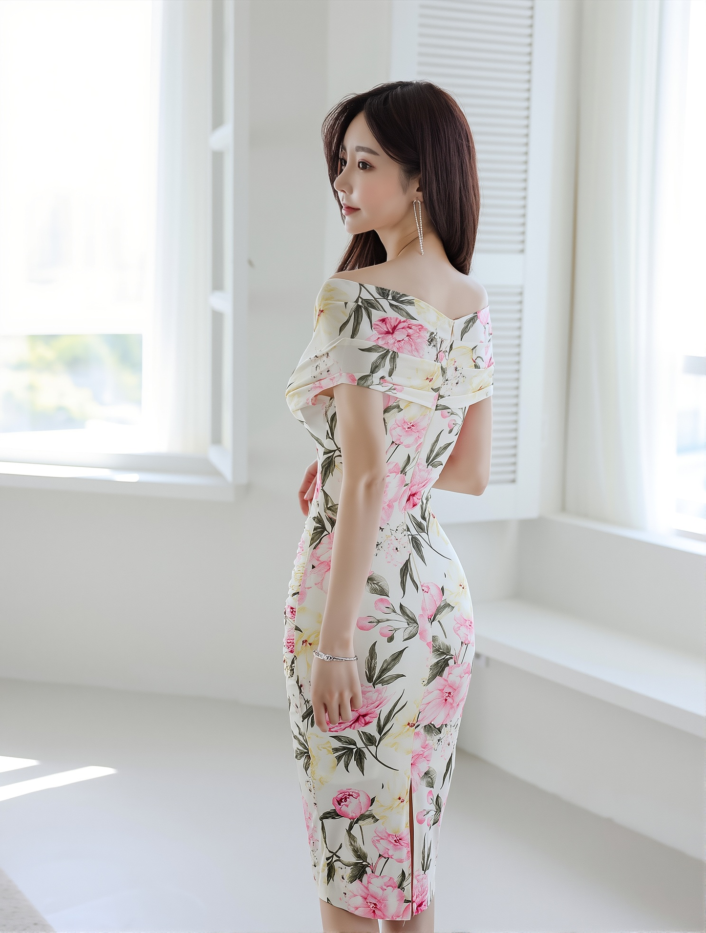 New Style Ladylike Low-Cut V Neck Pleated Waist-Covering Hip Printed Slimming Look Dress For Women