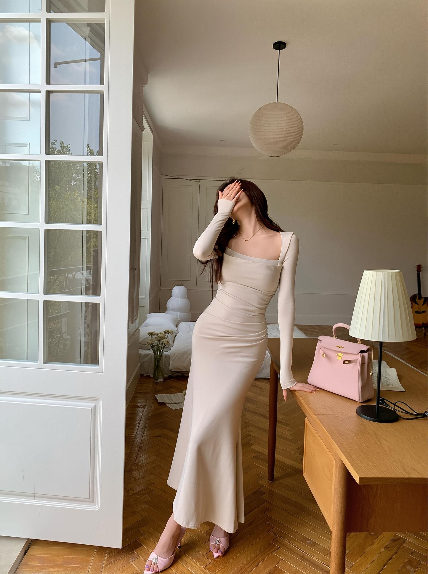 French Winter Elegance Dress : Square Neck Long-Sleeved Slim Fishtail Gown