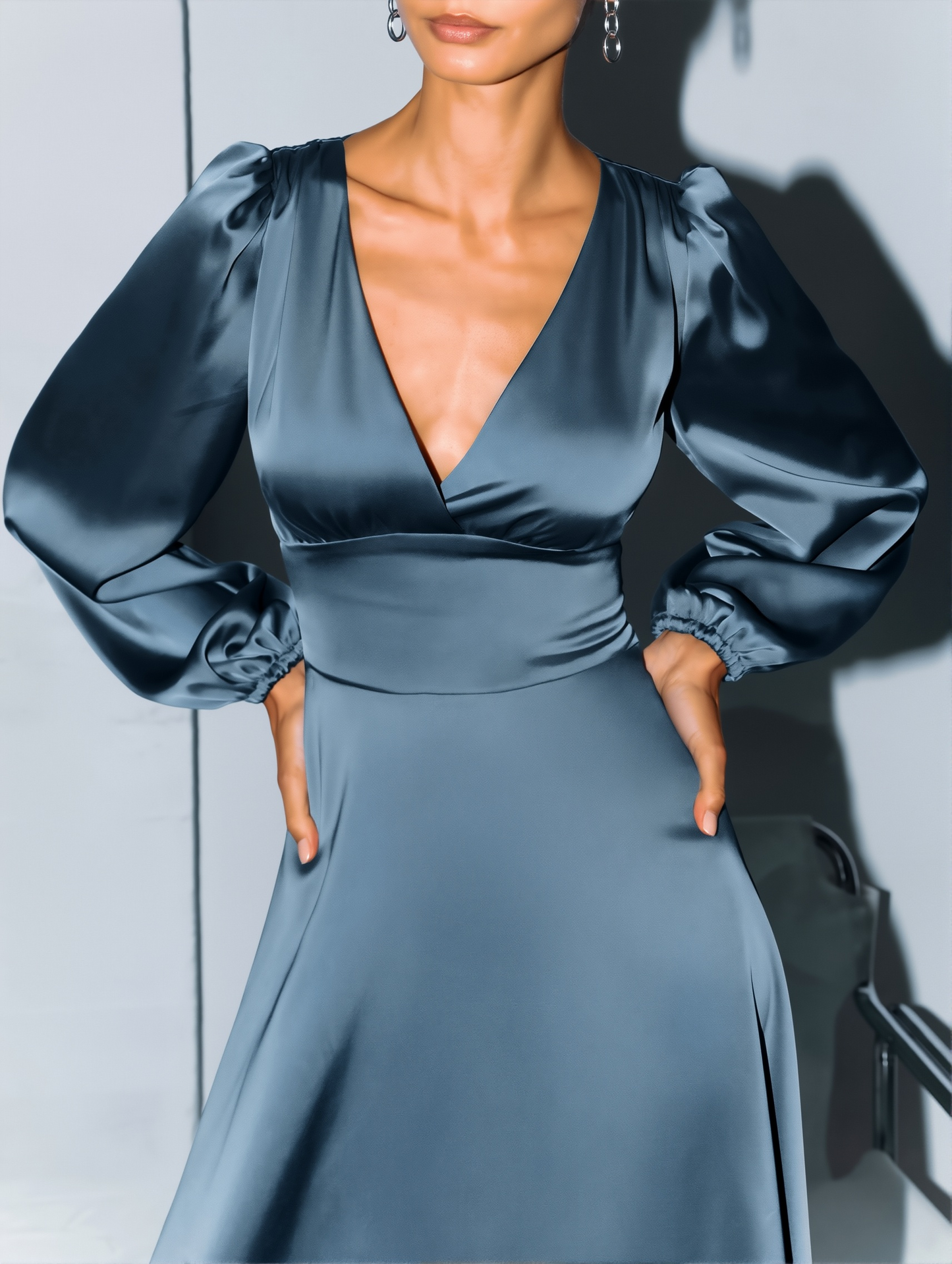 Clothing French Style Elegant Satin Lantern Sleeve Dress Women's High-end Waist Banquet Dress