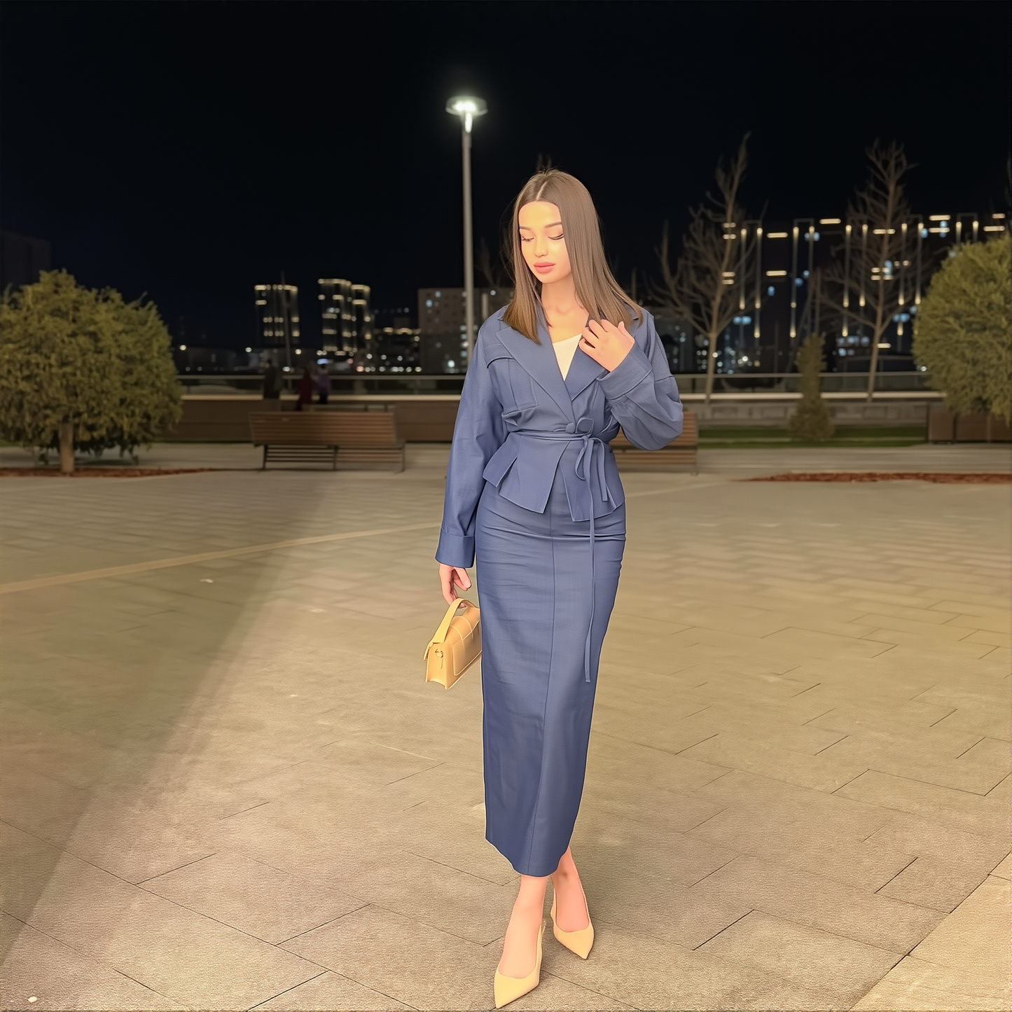 Women's New Lace-up Long Sleeve Elegant Long Sleeve Skirt Suit