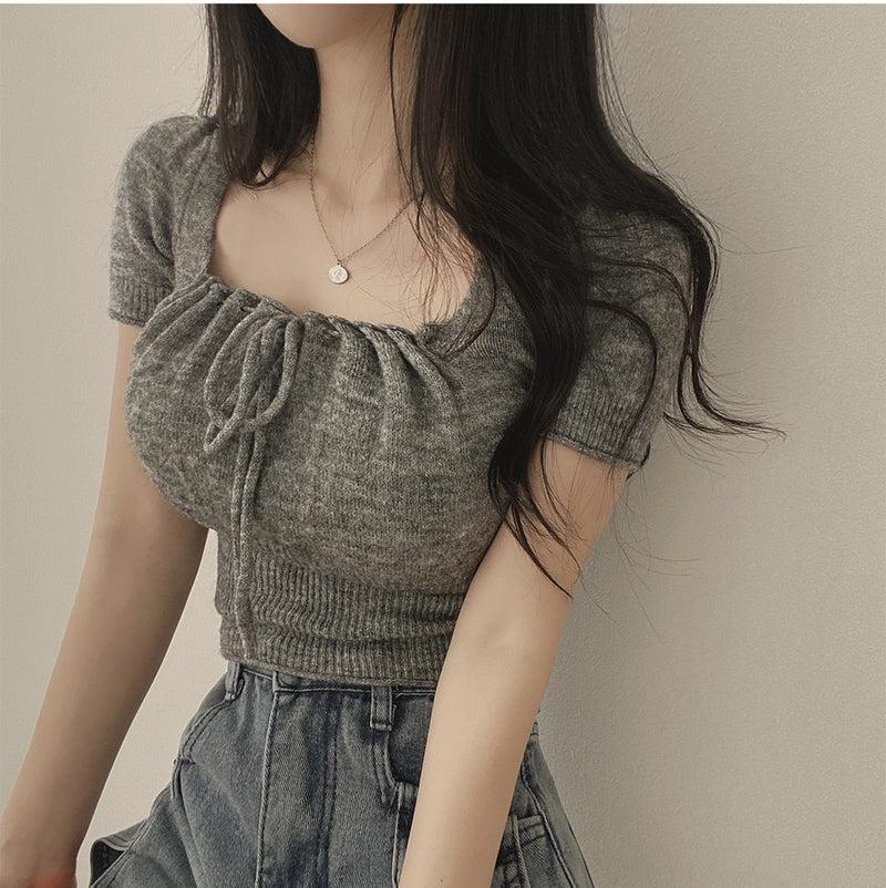 Square Collar Drawstring Short Knitwear Slim Top