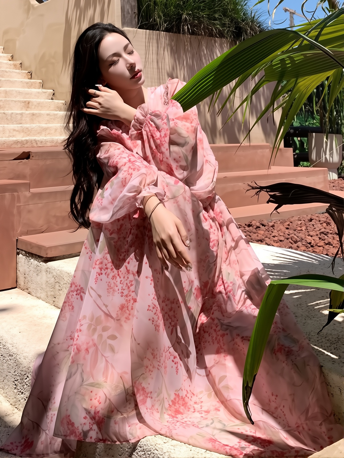 French Style Floral Tulle Dress - Elegant V-Neck A-Line Gown with Lantern Sleeves