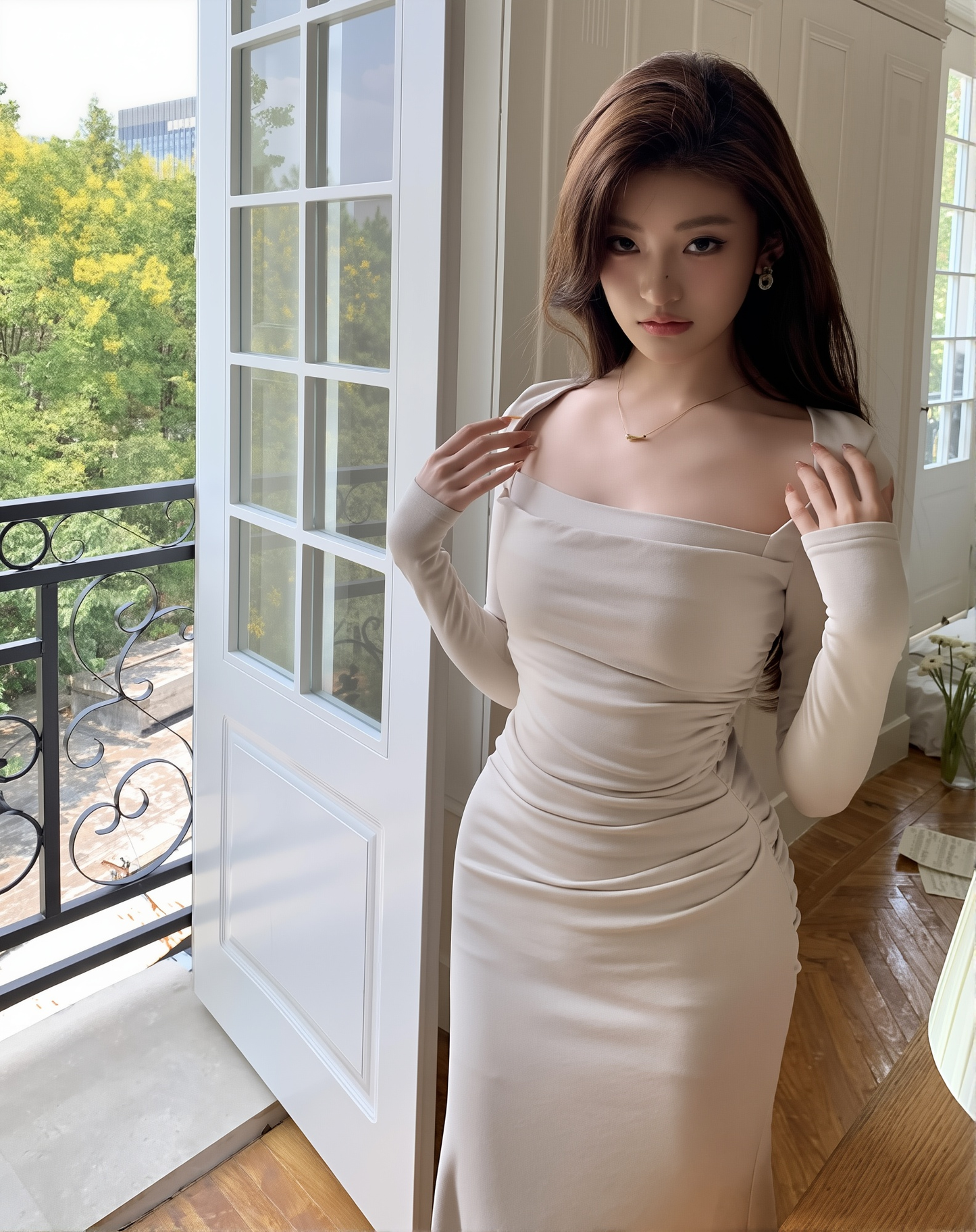 French Winter Elegance Dress : Square Neck Long-Sleeved Slim Fishtail Gown