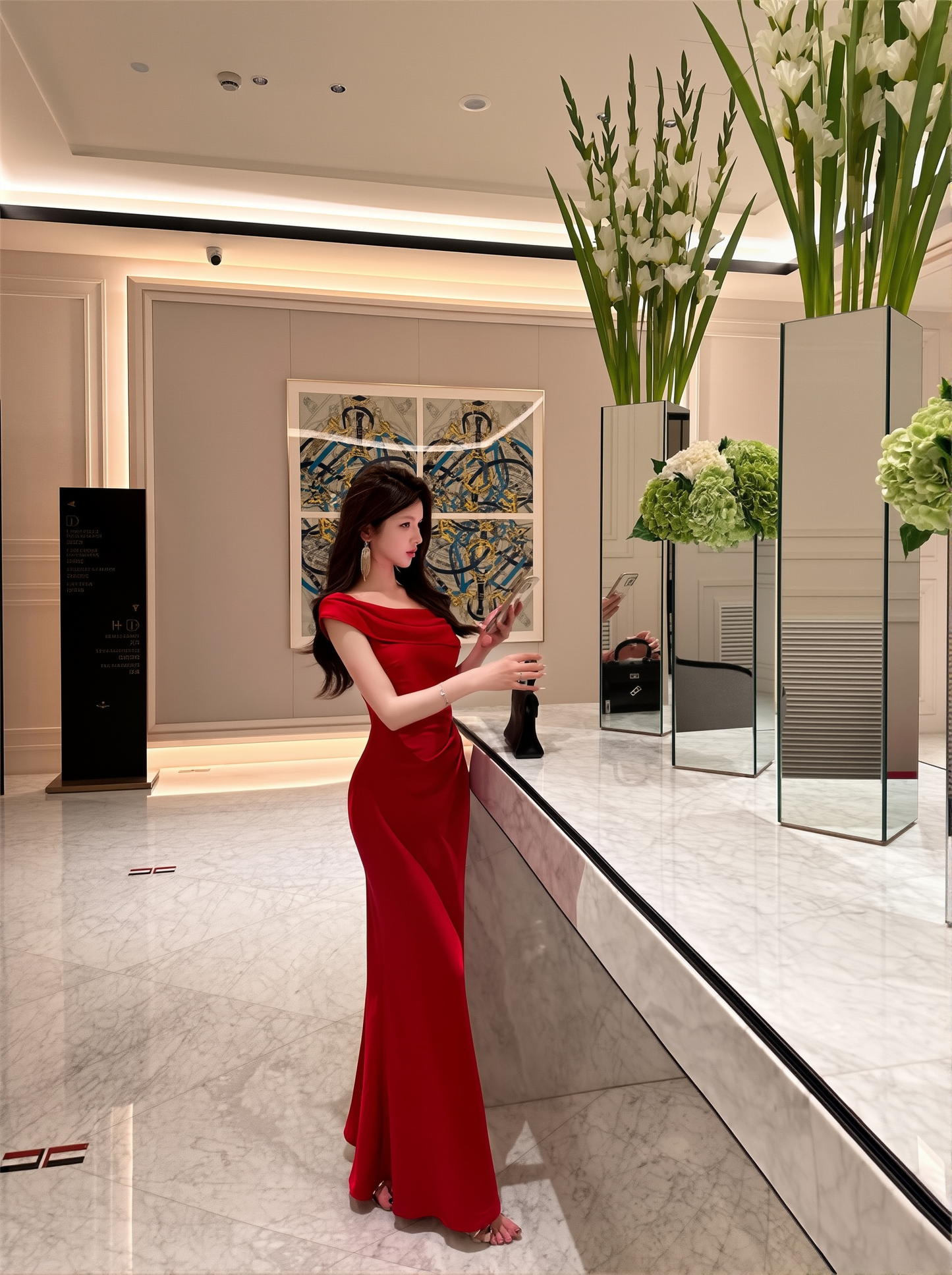 French Sloping Shoulder Red Engagement Dress - Lady Style Hip-Covering Bride's Gown