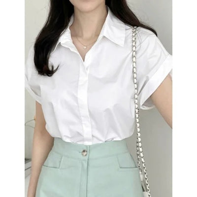 Fashionable All-match Hidden Hook Design Lapel Curling Short Sleeve