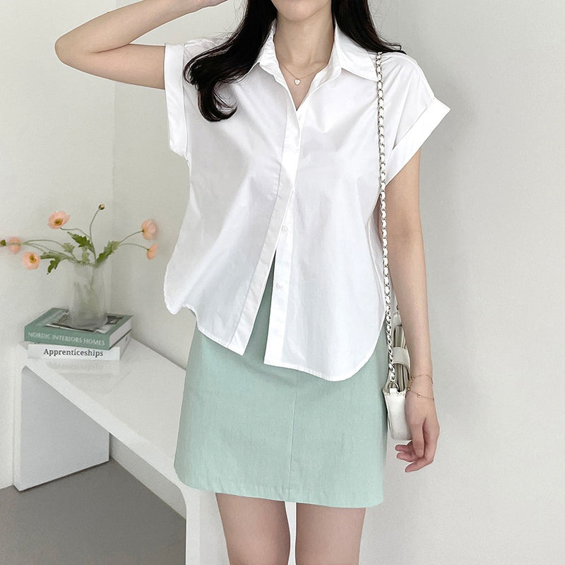 Fashionable All-match Hidden Hook Design Lapel Curling Short Sleeve