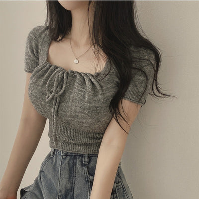 Square Collar Drawstring Short Knitwear Slim Top