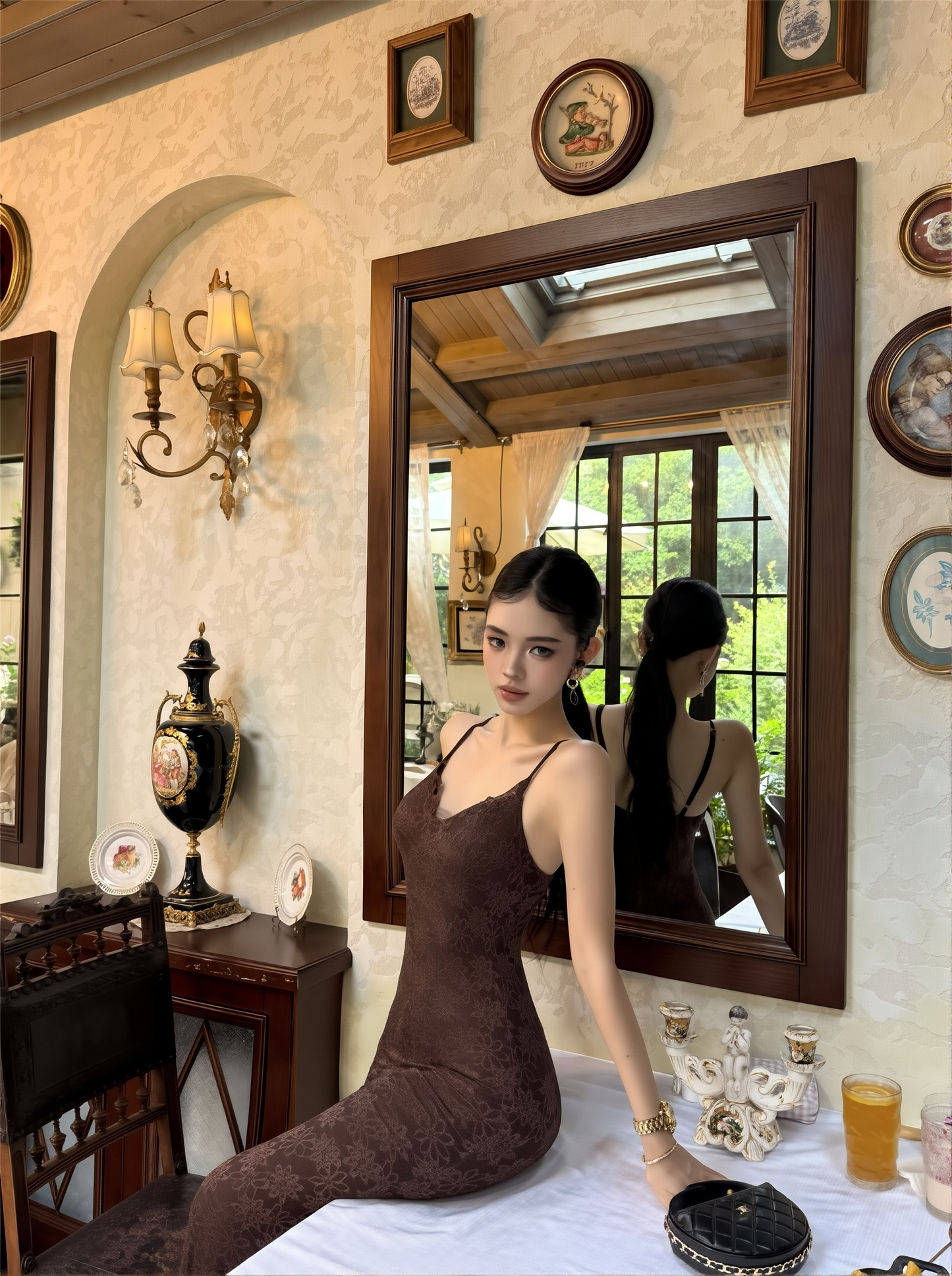 Waist Cinching Floral Lace Gown - French Style Spaghetti Strap Summer Dress