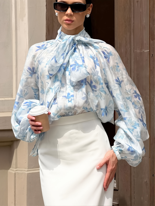 2025 New Autum Elegant Lace-Up Lantern Sleeve Floral Shirt Design, Elegant, Casual And Fashionable Cross-Border Commuting