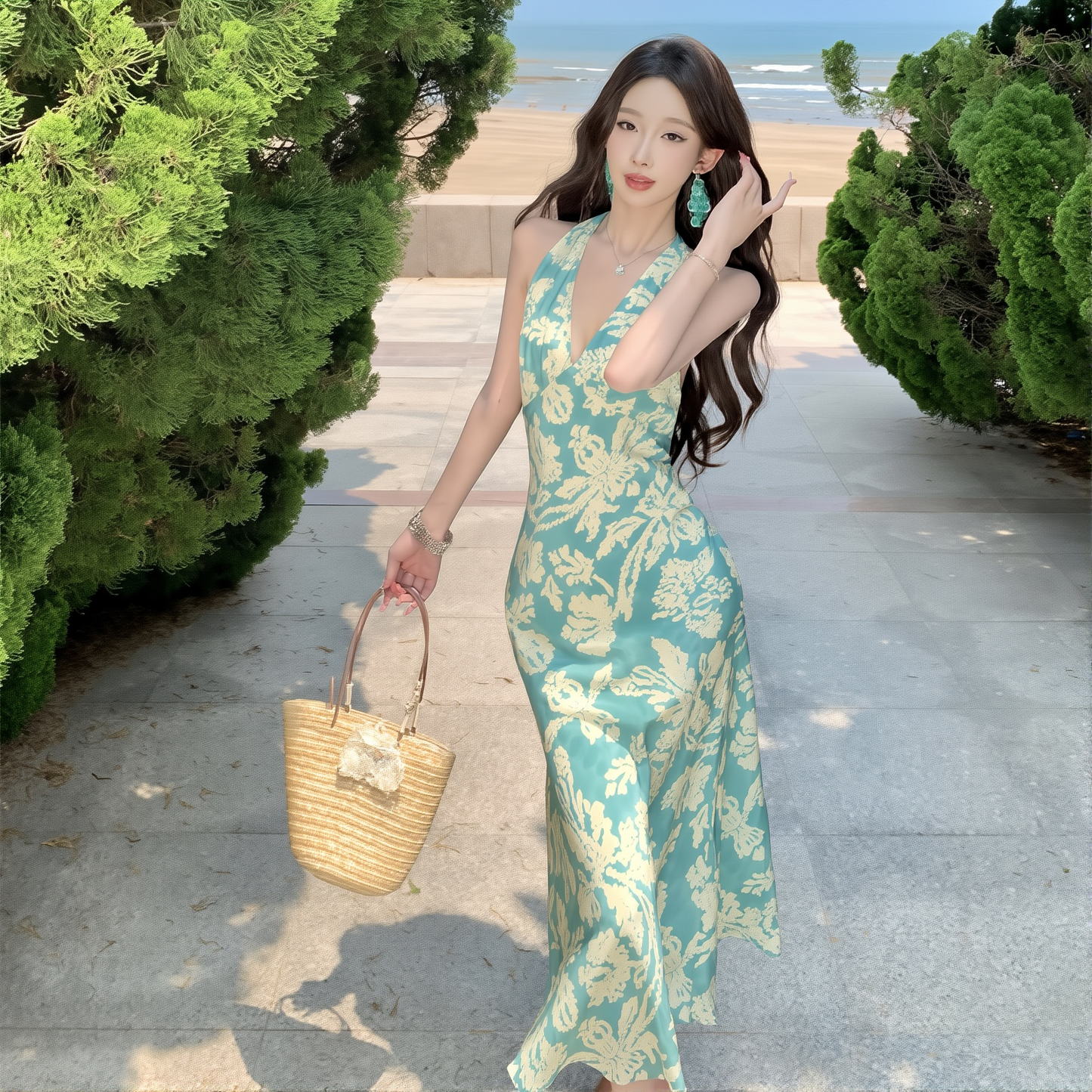 Peacock Blue French Halter Dress - V-Neck Backless Summer Gown