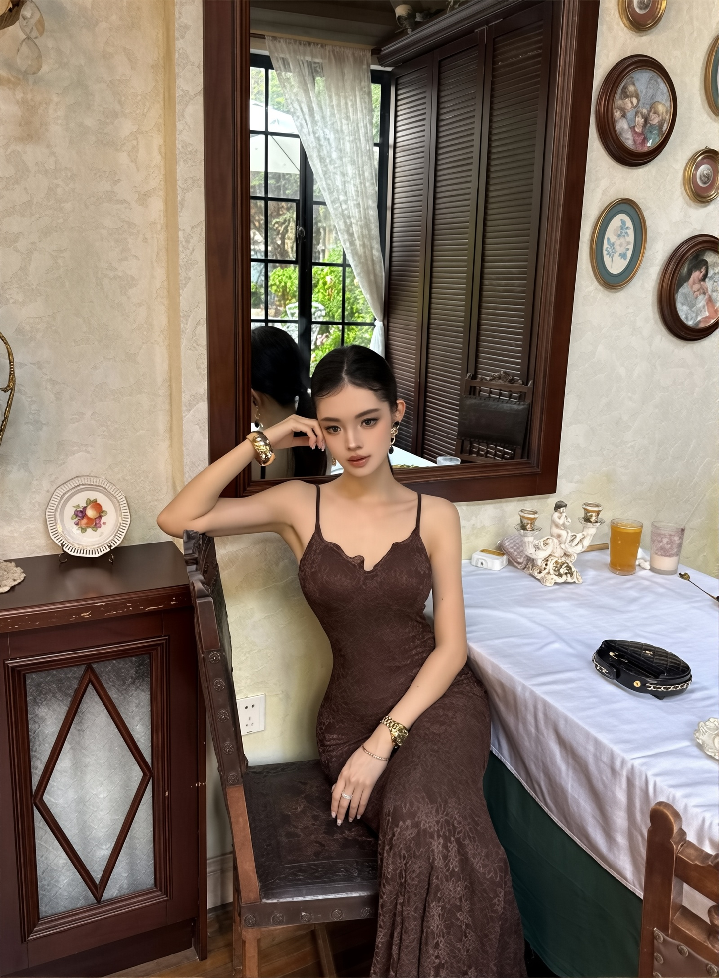 Waist Cinching Floral Lace Gown - French Style Spaghetti Strap Summer Dress