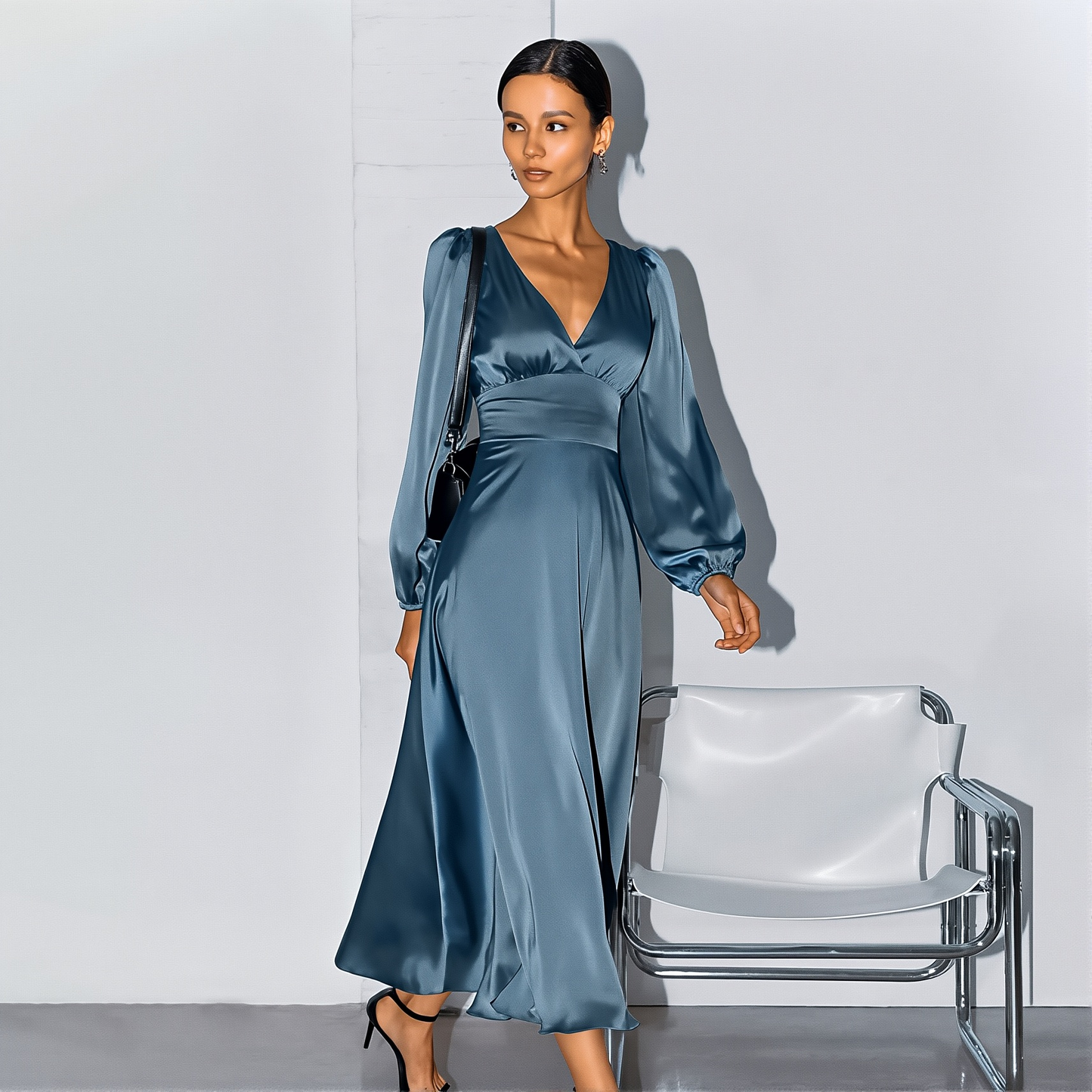 Clothing French Style Elegant Satin Lantern Sleeve Dress Women's High-end Waist Banquet Dress