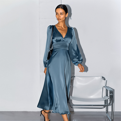 Clothing French Style Elegant Satin Lantern Sleeve Dress Women's High-end Waist Banquet Dress