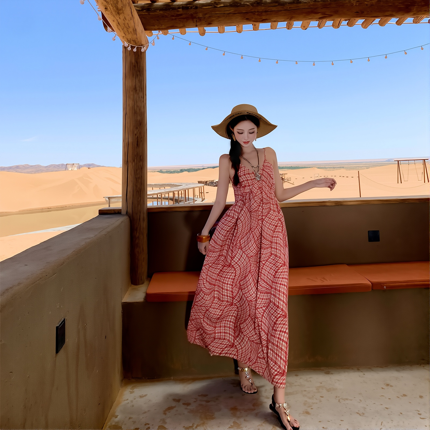 Plaid Suspender Maxi Dress for Women - Loose Fit V-Neck Beach Cover Up, Casual Resort Wear