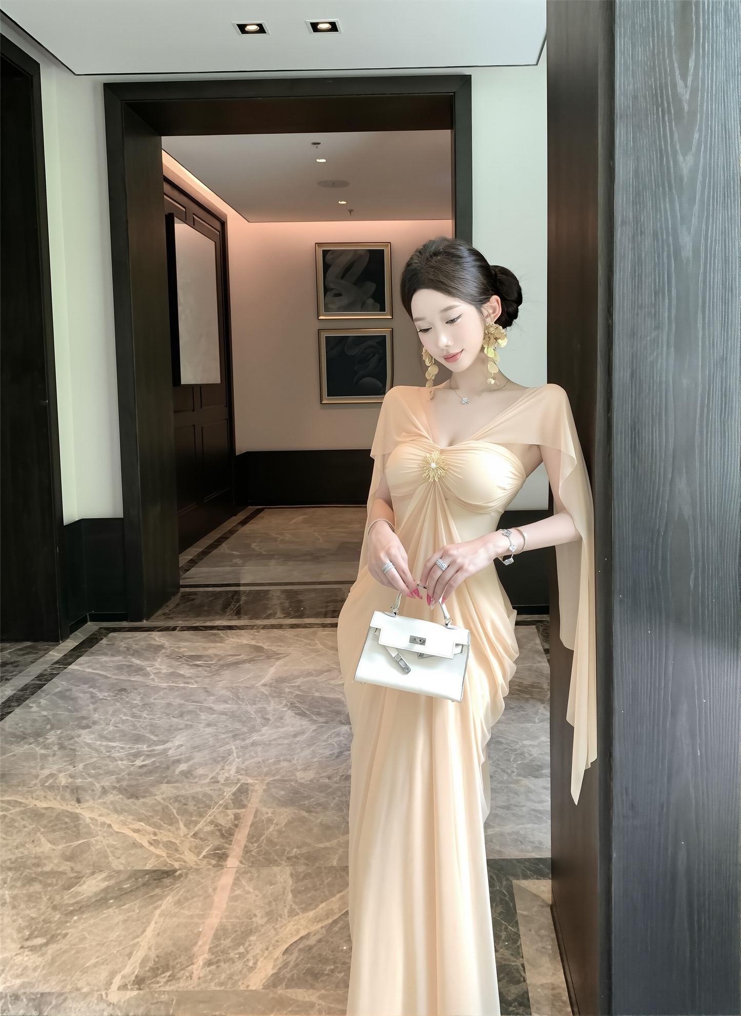 New French Light Luxury Celebrity High-end One-shoulder Two-piece Mesh Long Noble Dress