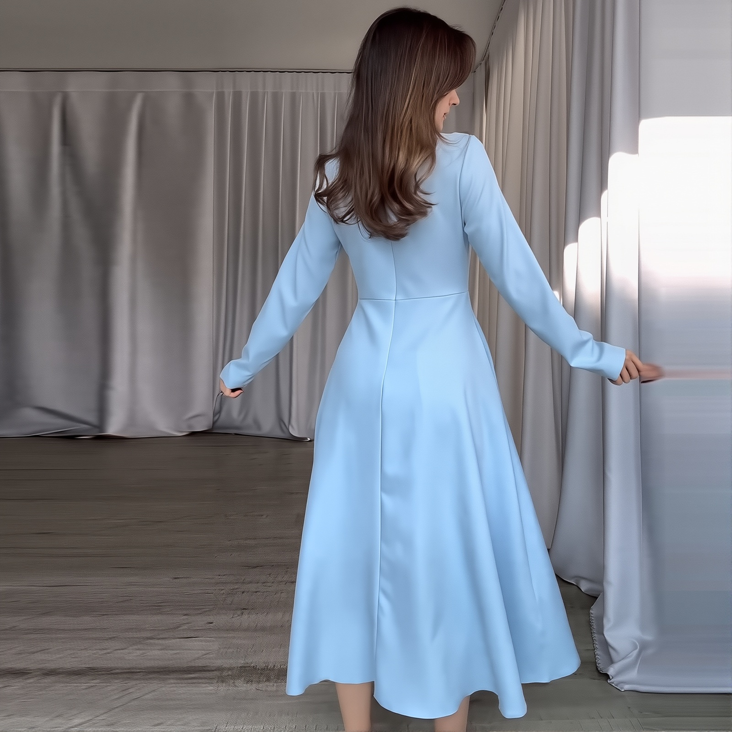 2025 Women's Long Sleeve Solid Color Round Neck Multi-lace Temperament Fashion Dress