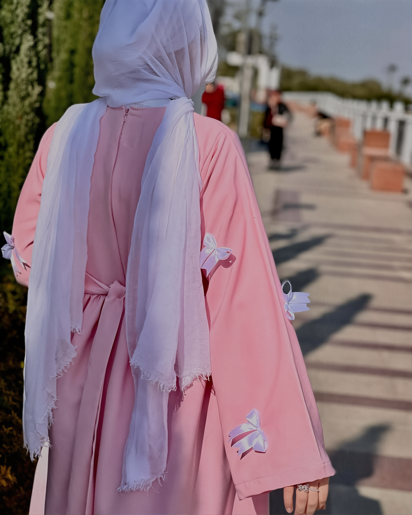 Women's Muslim Style New Three-dimensional Bow Sweet Age-reducing Waist Pink Dress