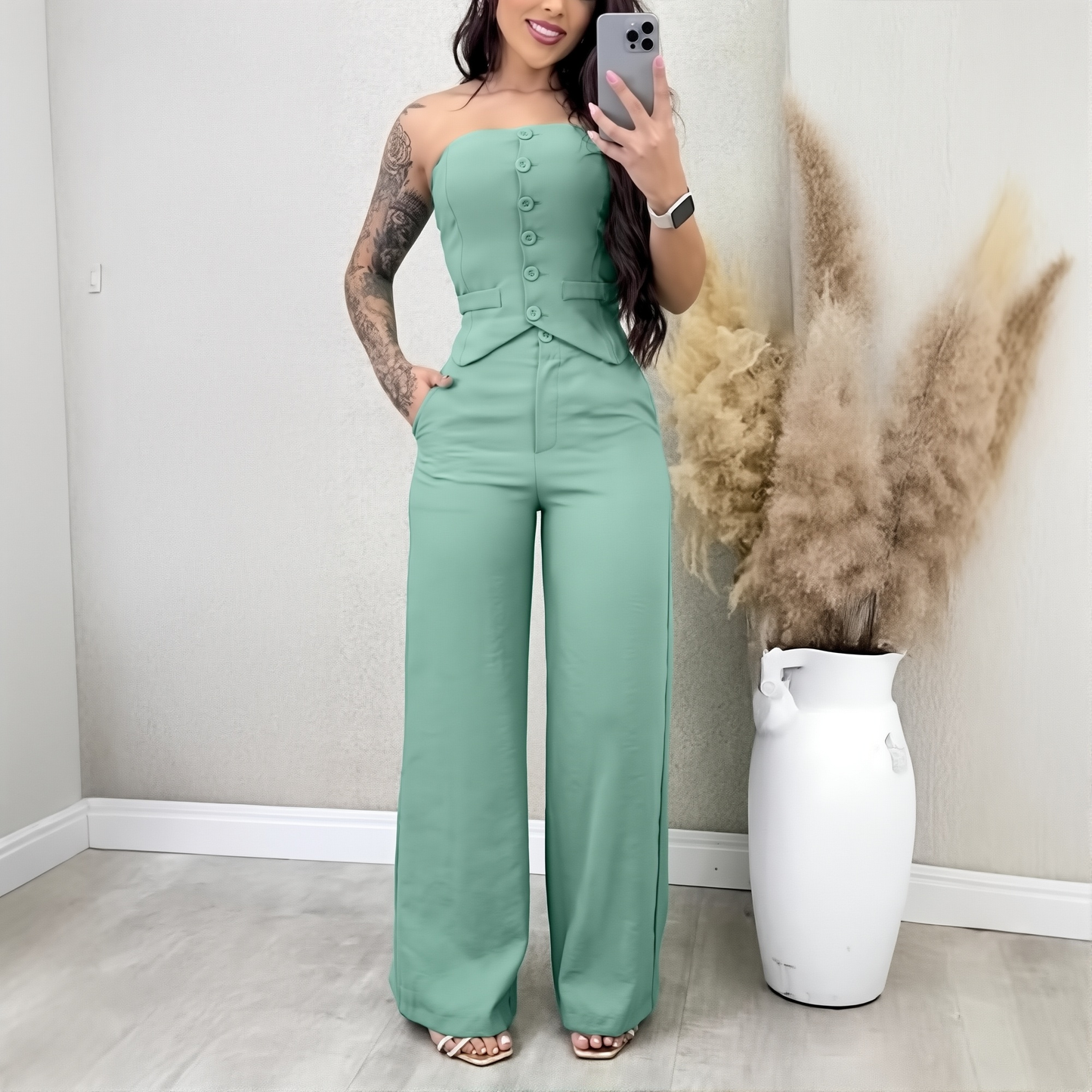 Stand Strapless Button Vest Opening And Casing Placket Wide Leg Pants Suit