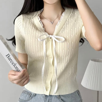 Tied V-neck Ice Silk Short Sleeve Knitwear Women's Short Top