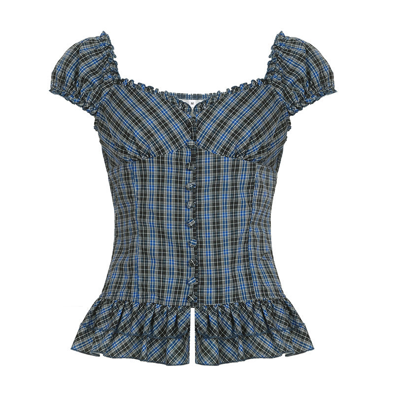 French Style Retro Anti-aging All-match Plaid Wooden Ear Square Collar Shirt For Women