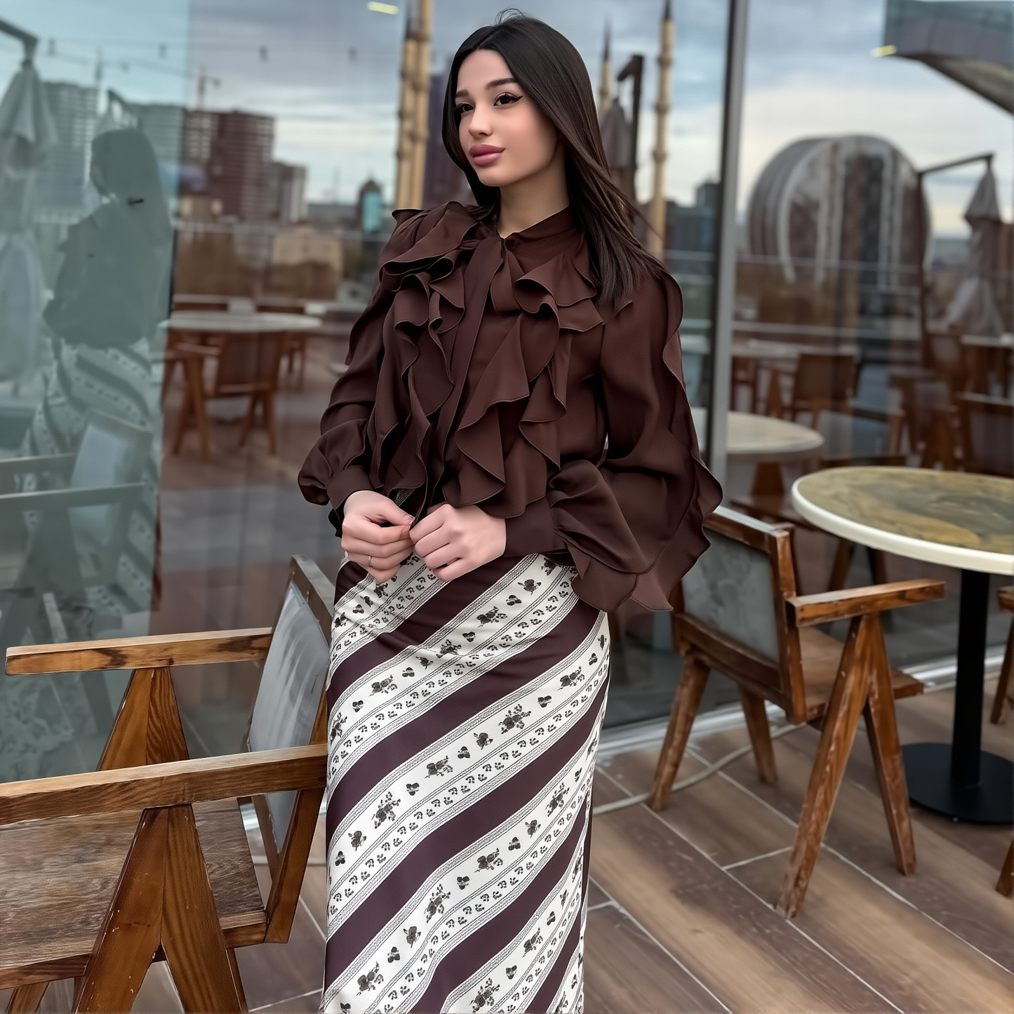 2025 New Women's Clothing Long-Sleeved Ruffle Top Printed High-Waisted Skirt