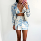 Style Printed Casual Suit For WomenSpring And Autumn New Lapel Long-sleeved Shirt Vest Slit Skirt Three-piece Set