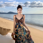Retro Printed Maxi Dress for Women - Vintage Chic Seaside Vacation Long Dress